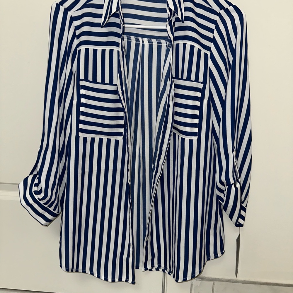 BCX Blue and White 3/4 Sleeve Button Down Shirt